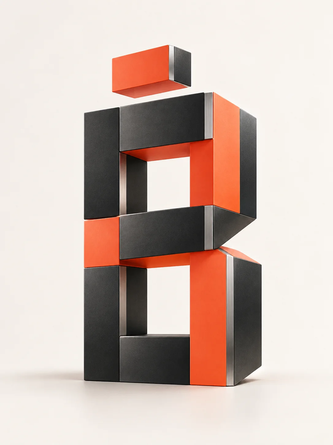 A sculptural B built from graphite and orange modular blocks
